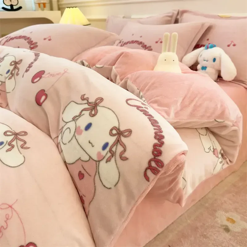 

Sanrio My Melody Cinnamoroll Anime Kawaii Milk Velvet Student Bed Sheet 3 4-piece Set Cute Kuromi Quilt Cover Kuromi Gifts Toys