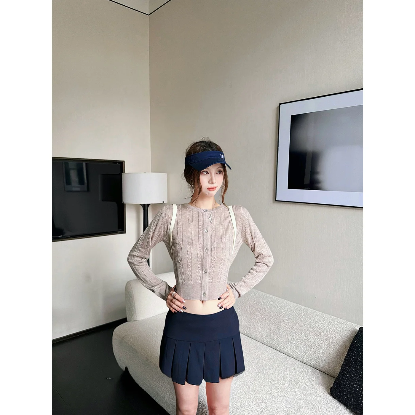 

Moka Color Knitted Open Cardigan Women's Fashion Casual Slim Fit Long Sleeve Short Length round Neck Pullover Spring Season