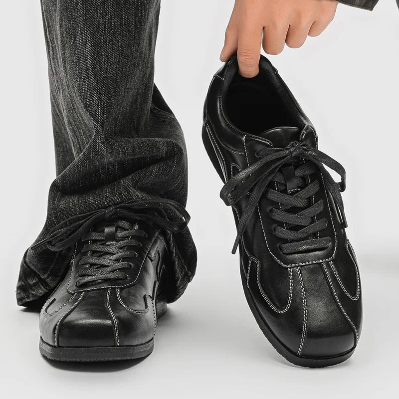 

Lace-Up Man Leather Sneakers Men Height Increasing Shoes 5cm Luxury Brand Male Footwear Pure Black Casual Shoes Soft Comfortable