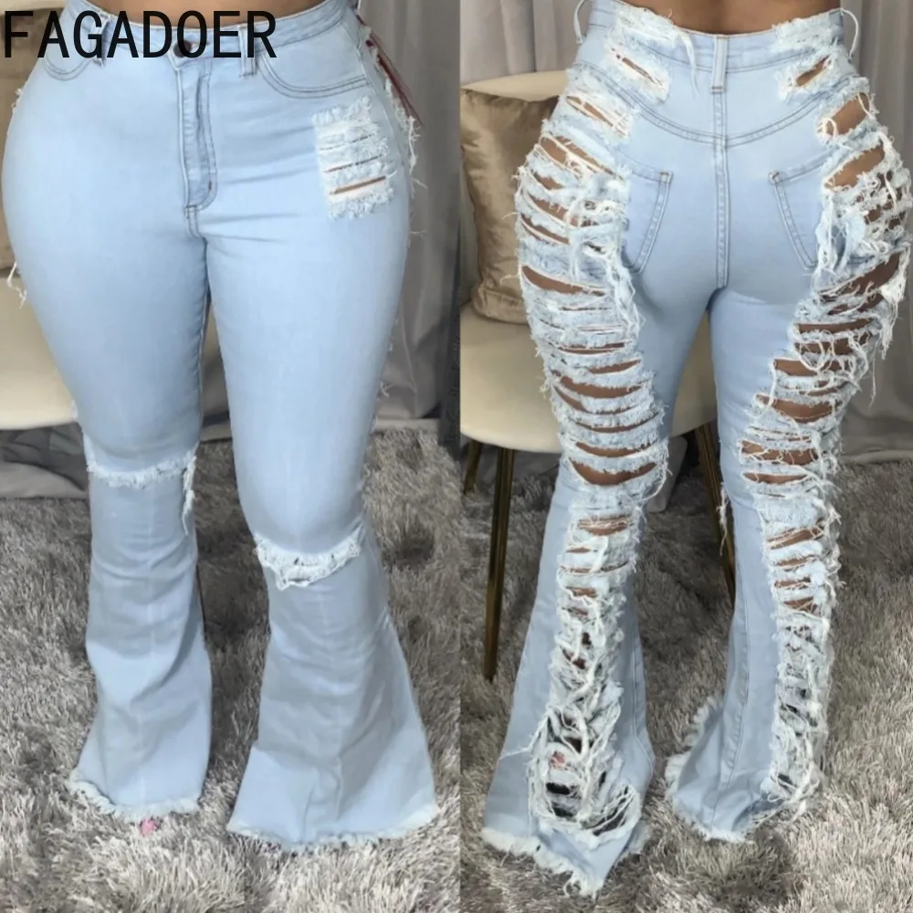 

FAGADOER Casual Hole Hollow Out Denim Flared Pants Women High Waisted Button Skinny Jean Trousers Female Cowboy Bottoms 2024 New