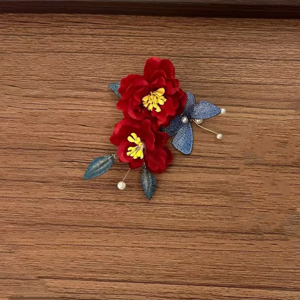 

Tassel Red Flower Hair Clip New Chinese Style Pearl Hanfu Hairpin Retro Antique Wooden Hair Stick Cheongsam Accessories