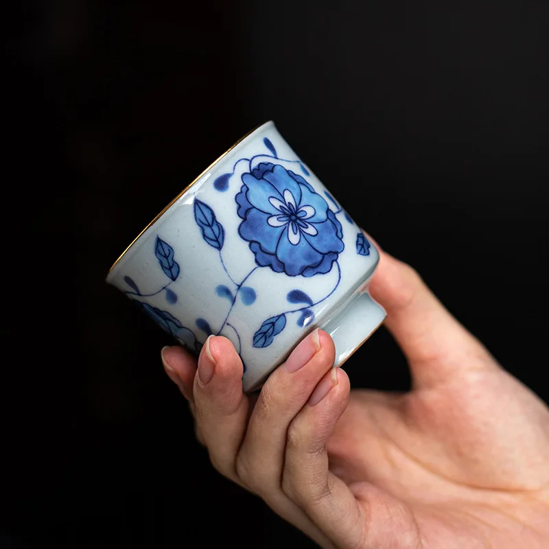 Blue and White Interlock Branch Lotus Rich Cup Blue and White Porcelain Ceramic Kung Fu Tea Cup Master Cup Single Cup Tea Bowl