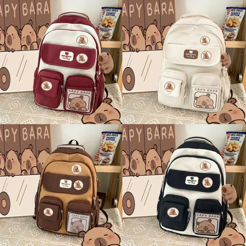 

2024 New Capibala Backpack Cute Cartoon Capybara Spine Protection Backpack College Style Solid Color Male And Female Student Bag