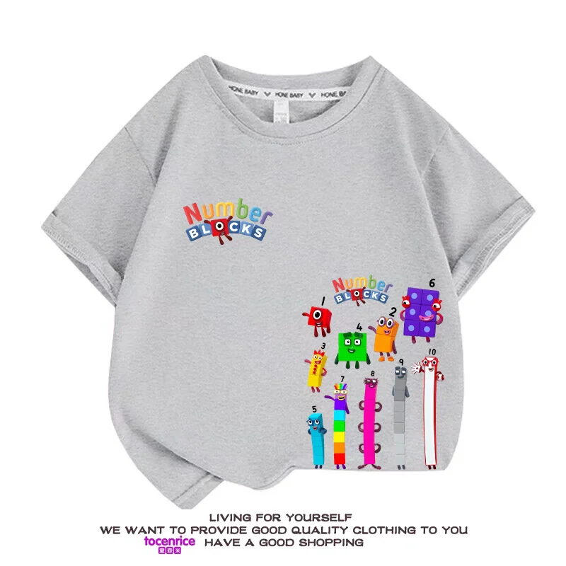 2024 Summer New Digital Building Blocks Boys Short Sleeve T-shirt Cartoon Clothes Children Half Sleeve Boys Girls Cotton Top