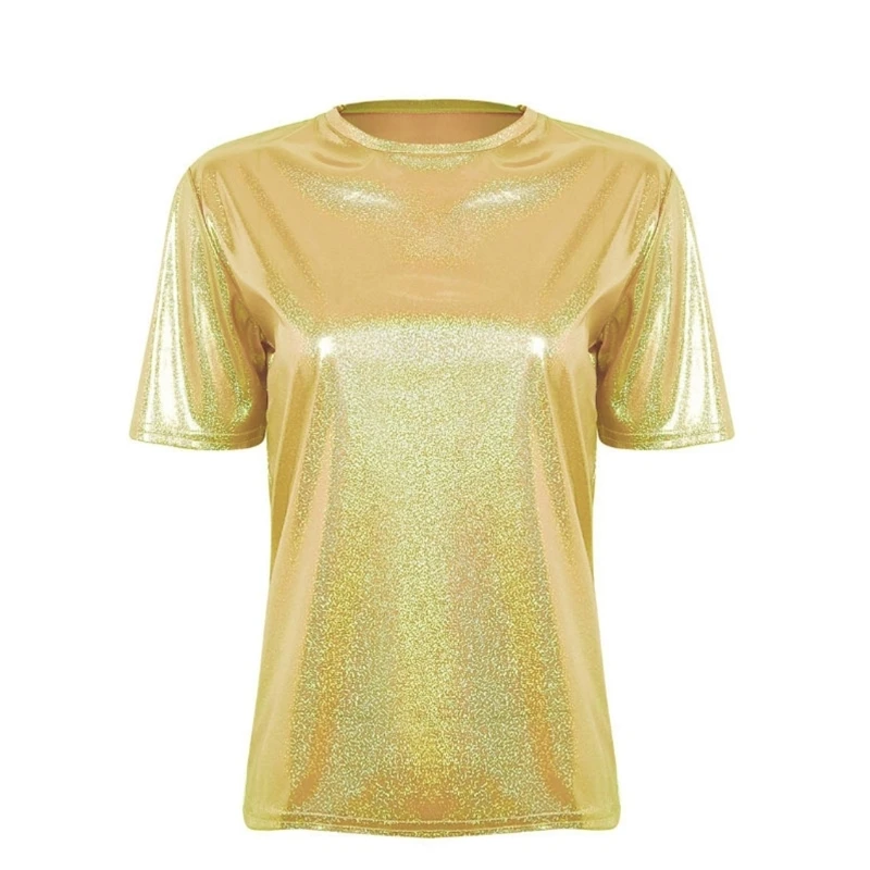 X4YC Women's Sparkly Metallic Top Short Sleeve Crewneck Holographics Shines Tees Shirts 80s Disco Outfits Party Clubwear