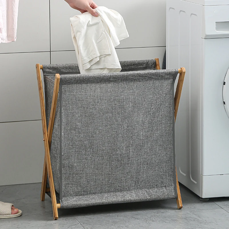 Dirty Clothes Laundry Basket Wood Bracket Foldable Cotton Linen Storage Baskets Bathroom Organizer Japanese Style Clothes Hamper