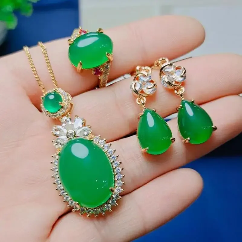 

Natural Green Jade Earrings Ring And Oval Pendant Necklace Jewelry Set Women Certified Jades Stone Chrysoprase Fine Jewellery