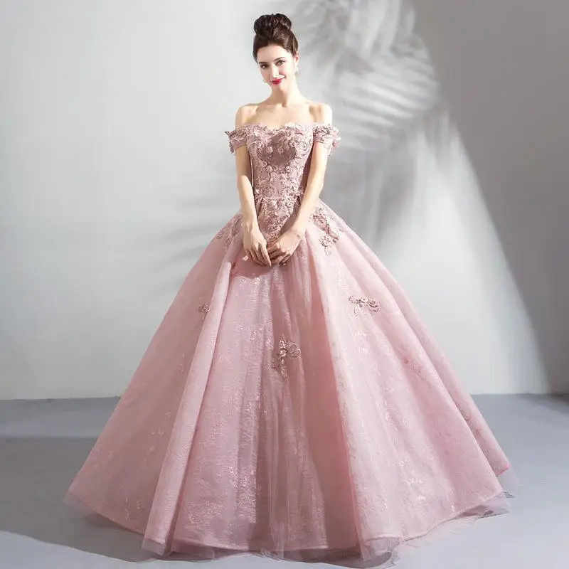 2023 Hồng Lệch Vai Quinceanera Đầm Bầu 15 Anos Ren Lông Tơ Trang Phục Dạ Hội Ngọt 18 Vestidos Thanh Lịch Hứa váy Bầu