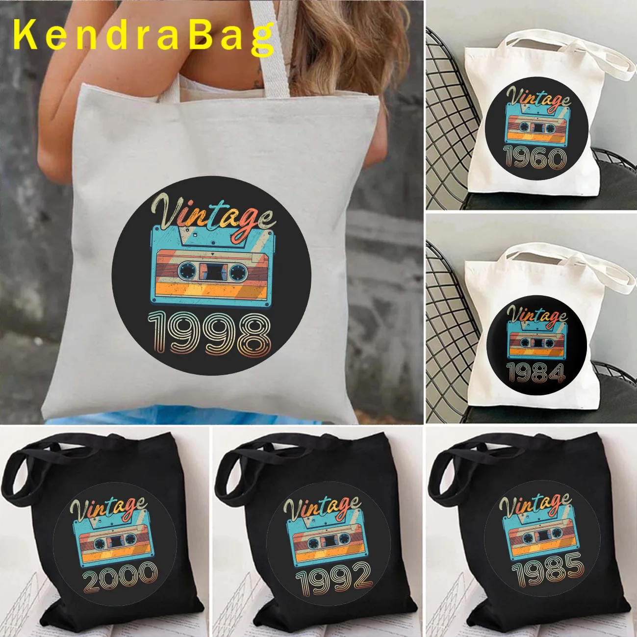 

Vintage 1960 1985 Cassette Tape Retro 80's 90's Music Birthday Gifts Canvas Shoulder Totes Bag Harajuku Shopper Cotton Handbags