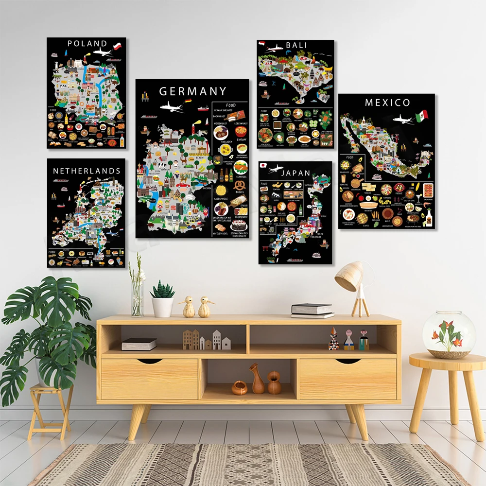 Mexico, Germany, The Hague, Japan, Curacao, Hawaii, Netherlands, Thailand, Dubai, Ireland, food print, fun travel map poster