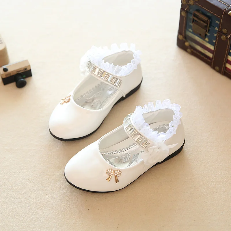 J Ghee Spring Autumn New Fashion Girls Shoes Patent PU Leather Rhinestone Beading Floral Lace Princess Kids Single Shoes 4 Color