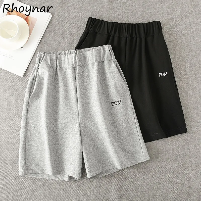 Solid Shorts Women Unisex Couples Summer Students Simple All-match Baggy Straight Elastic Waist Retro Korean Fashion Stylish