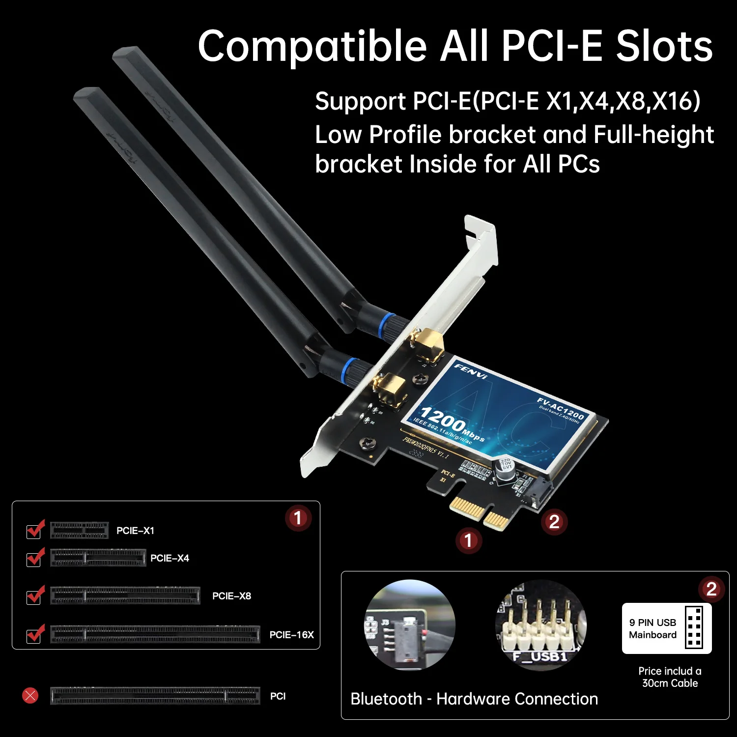 FENVI AC1200 WiFi 5 PCIE Adapter BT4.0 Dual Band 2.4GHz/5GHz 802.11AC Wireless Network Wi-Fi Card For PC Desktop Windows 7/10/11