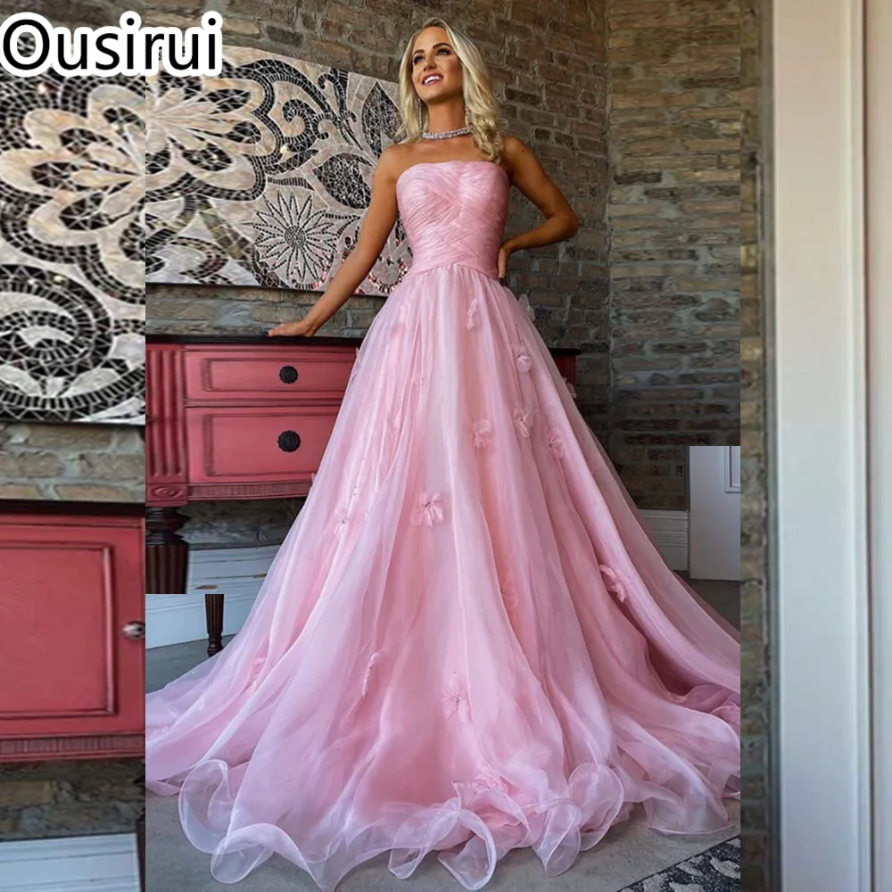 

OUSIRUI Elegant Boat Collar Tulle Beaded Flower Accents Prom Dress A-line Backless Sweep Court Prom Gown vestidos de festa