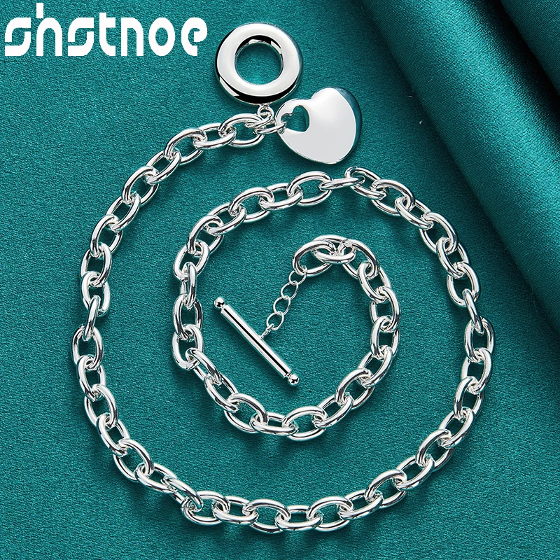 SHSTONE 2pcs 925 Sterling Silver Classics Simple Heart Chain Necklace Bracelets Birthday Jewelry Sets For Woman Gifts Wholesale