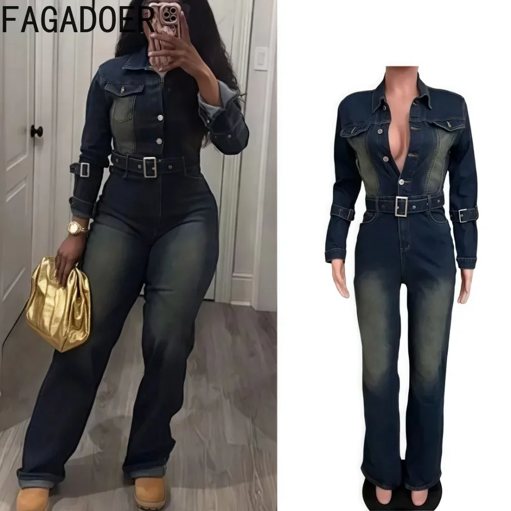 

FAGADOER High Quality Fashion Denim Jumpsuits Women Washing Long Sleeve Buttons One Piece Rompers Female Streetwear Overalls