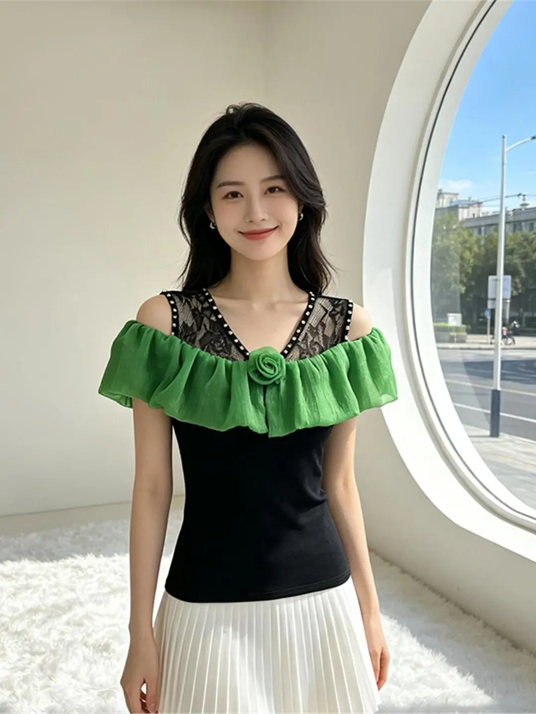 Elegant Style Short Sleeve V-Neck Lace Trim Shoulder Bared Rose Pattern T-Shirt Women's Summer Fashion Top Chinese Production