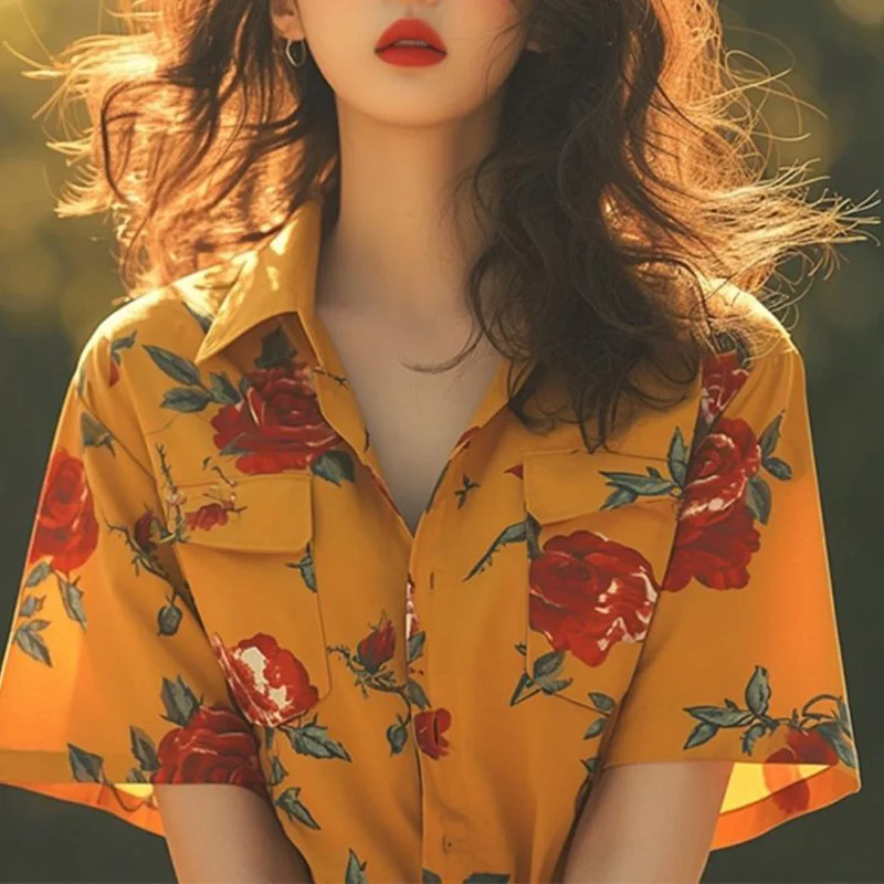 Summer 2024 New Sweet Floral Turn-down Collar Blouse Femme Fashion Loose Printing Buttons Short Sleeve Women\'s Shirt Trend Tops