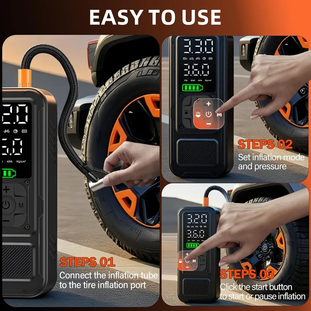 6000mAh Cordless Tire Inflator, 150PSI Air Compressor, 4X Faster, Digital Gauge for Car Motorcycle Bike view 6