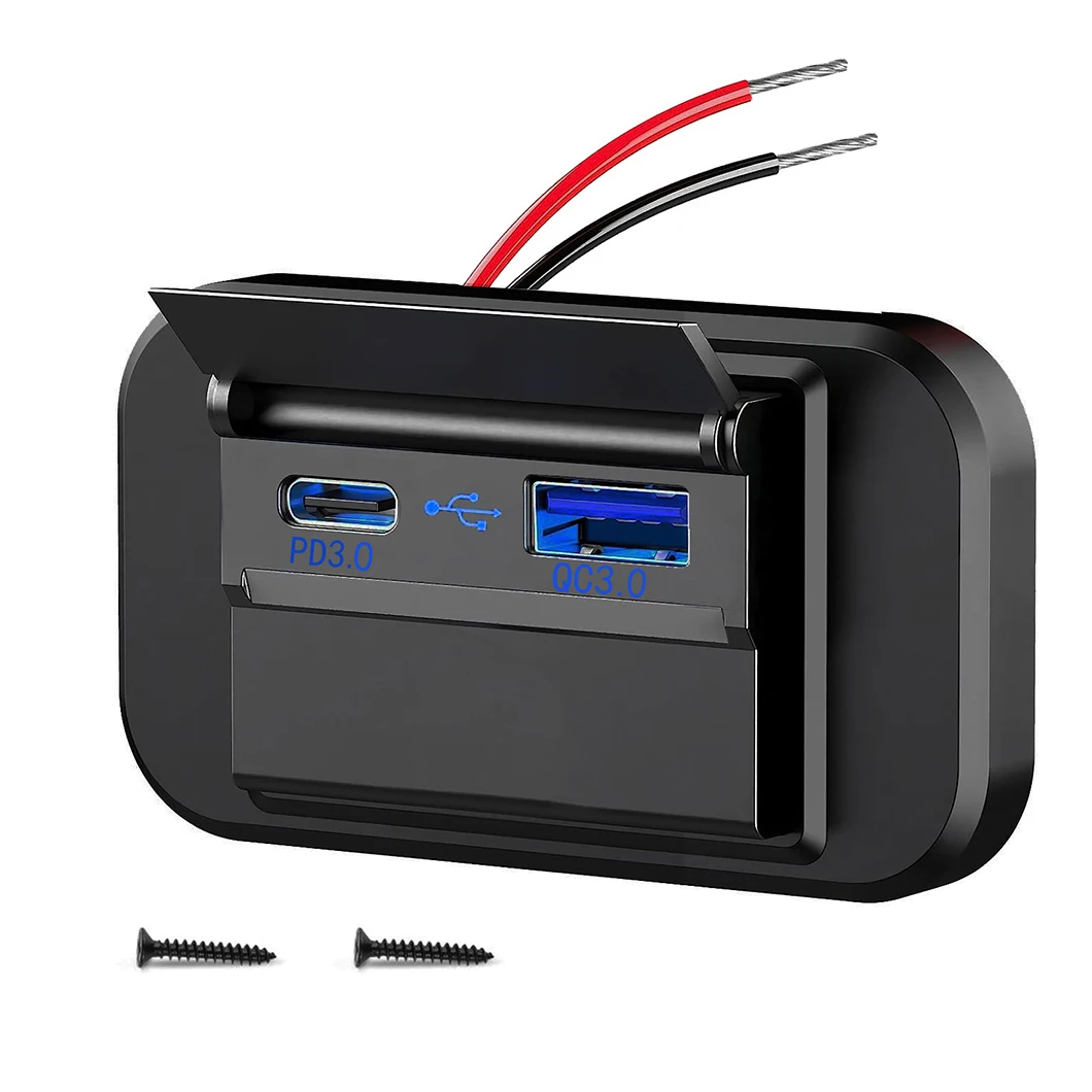 

12-24V Input QC3.0+PD 3.0 Flush Mount Fast Charging Embedded Outlet with Blue LED for Car RV Interior Upgrade