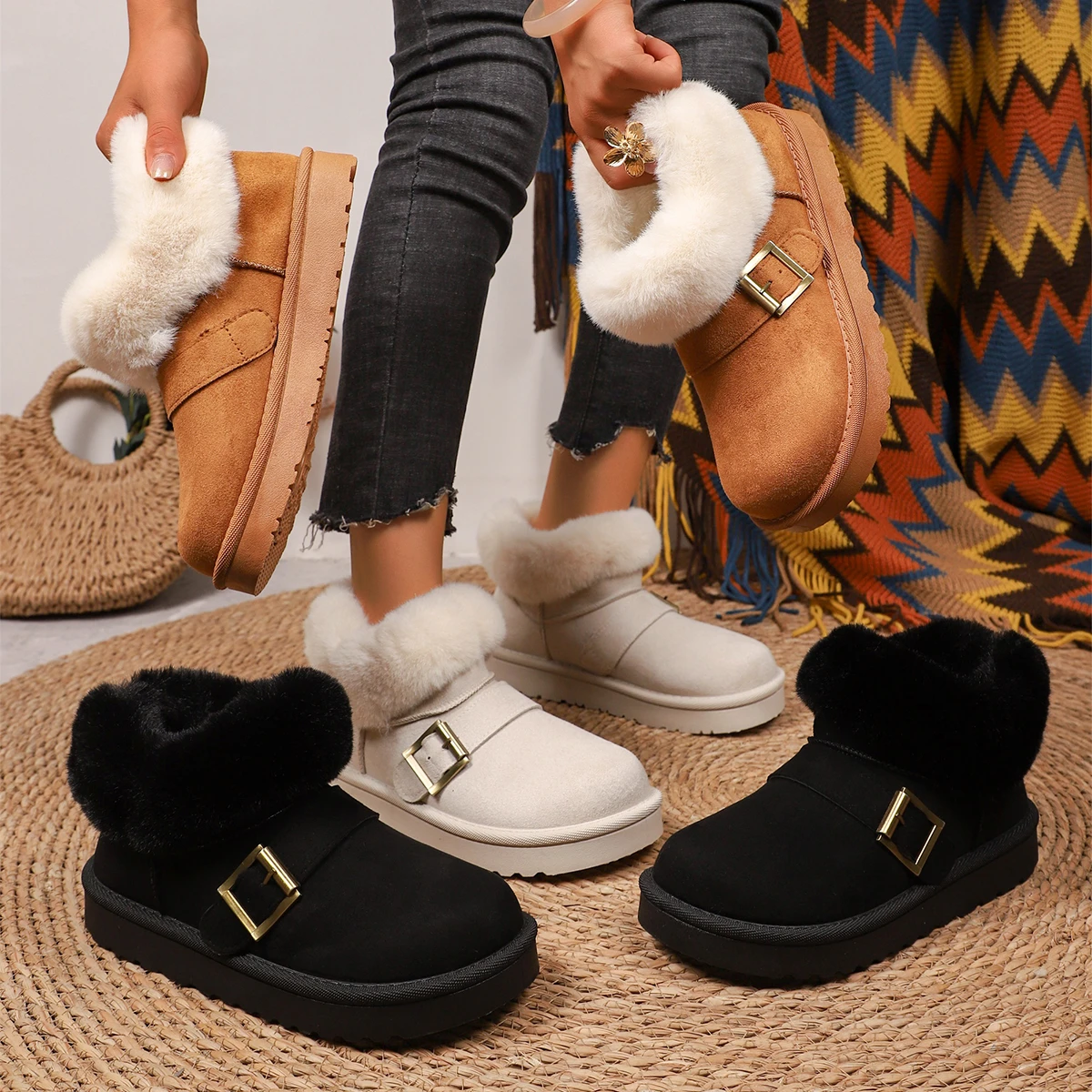 

Thick-soled Plush Winter Snow Boots for Women New Imitation Fur Thick-soled Short Boots for Women with Buckles Warm Cotton Shoes