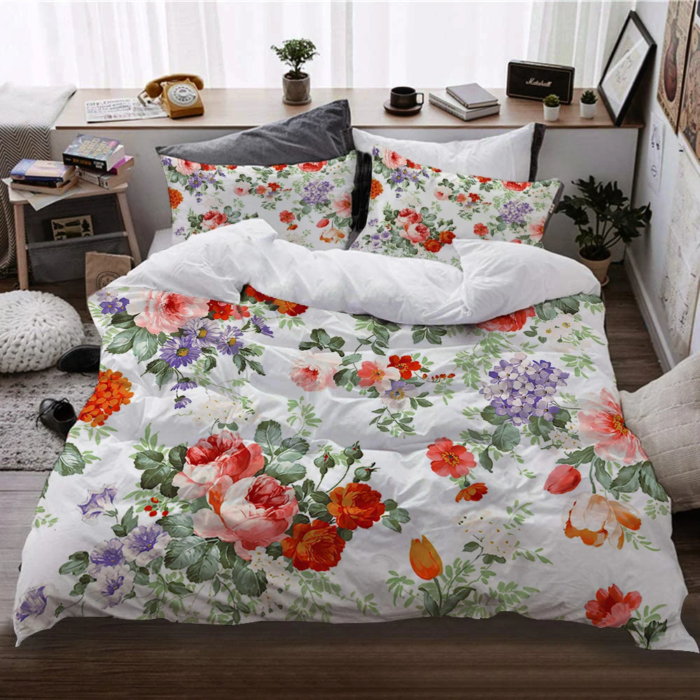 New three piece set of floral patterned polyester brushed high-quality bed sheets, duvet covers, bedding