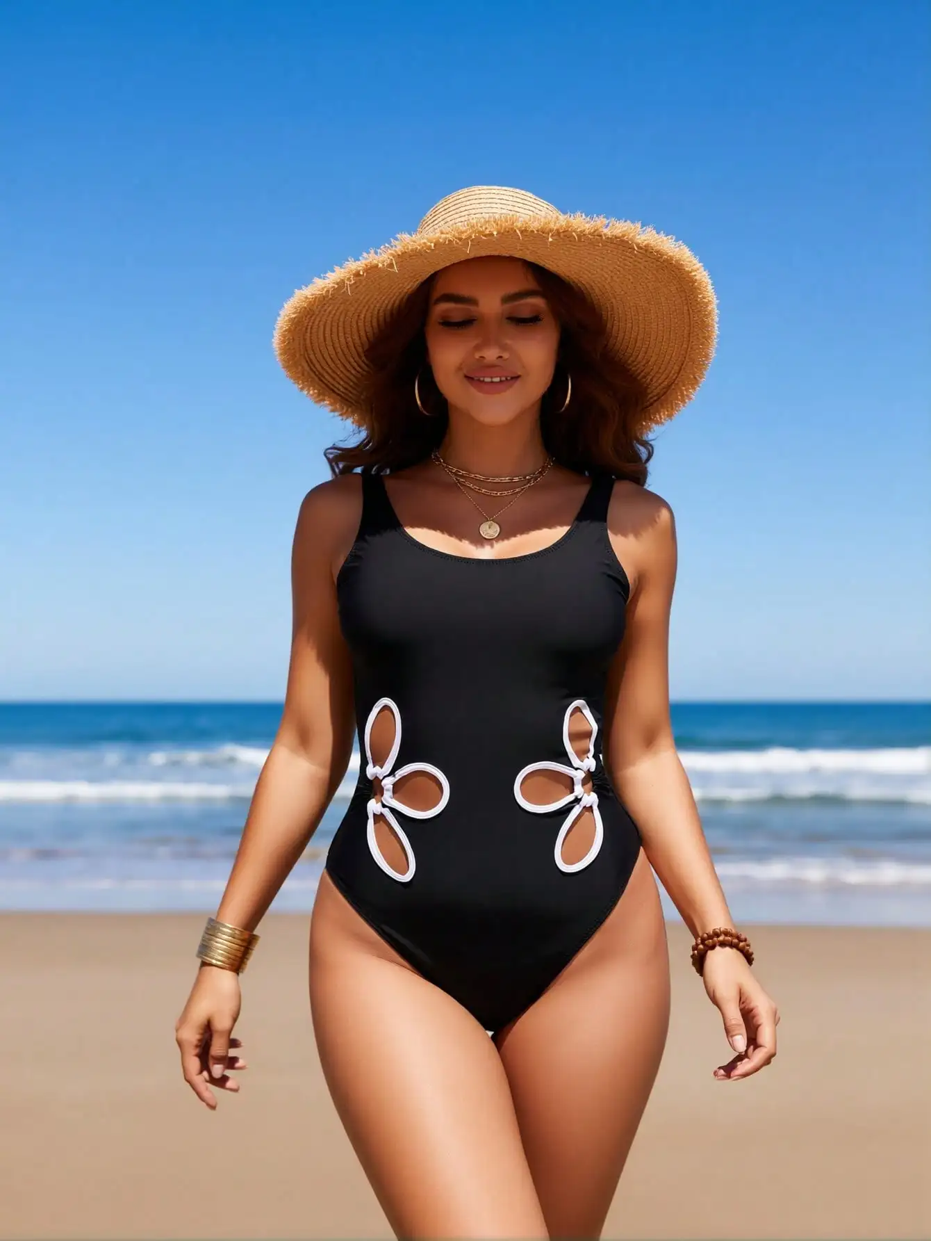 2026 New Women's One-Piece Swimsuit: Solid Black, White Floral Cutout Side Detail, Scoop Neck, High-Cut Leg, Chic Beach Style - view 3