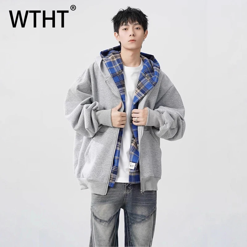 

WTHT Vintage Men's Spliced Plaid Fake Two-pieve Coats Fashion 2025 Autumn Casual Hooded Long Sleeves Jackets Male 2A1769