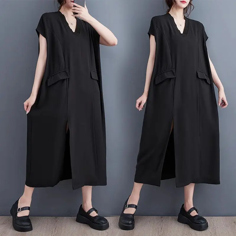 

Black Split Dress For Female Design 2023 Summer New Slim Short Sleeve Dress Oversized Loose Casual Clothing Z2358