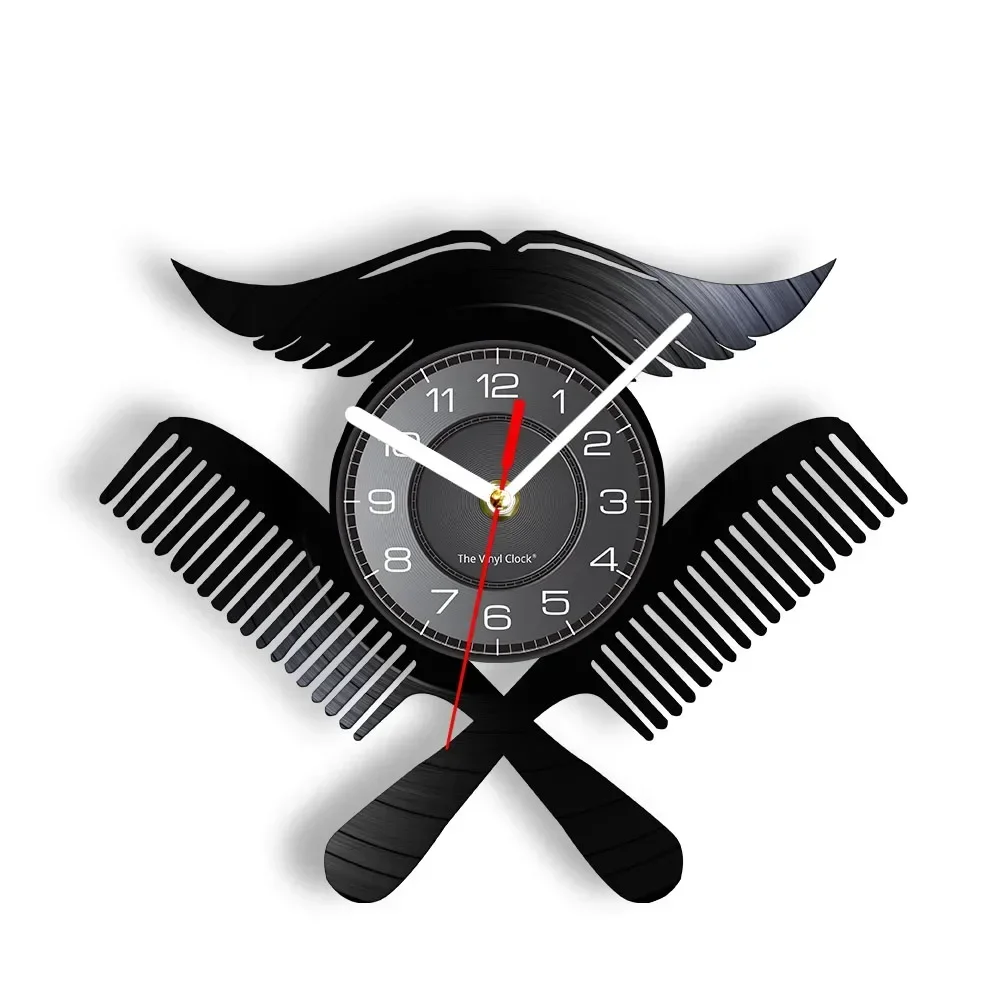 Barber Shop Logo Wall Clock Hairdressing Salon Interior Design Vinyl Record Clock Moustache with Combs Barber Shop Wall Decor