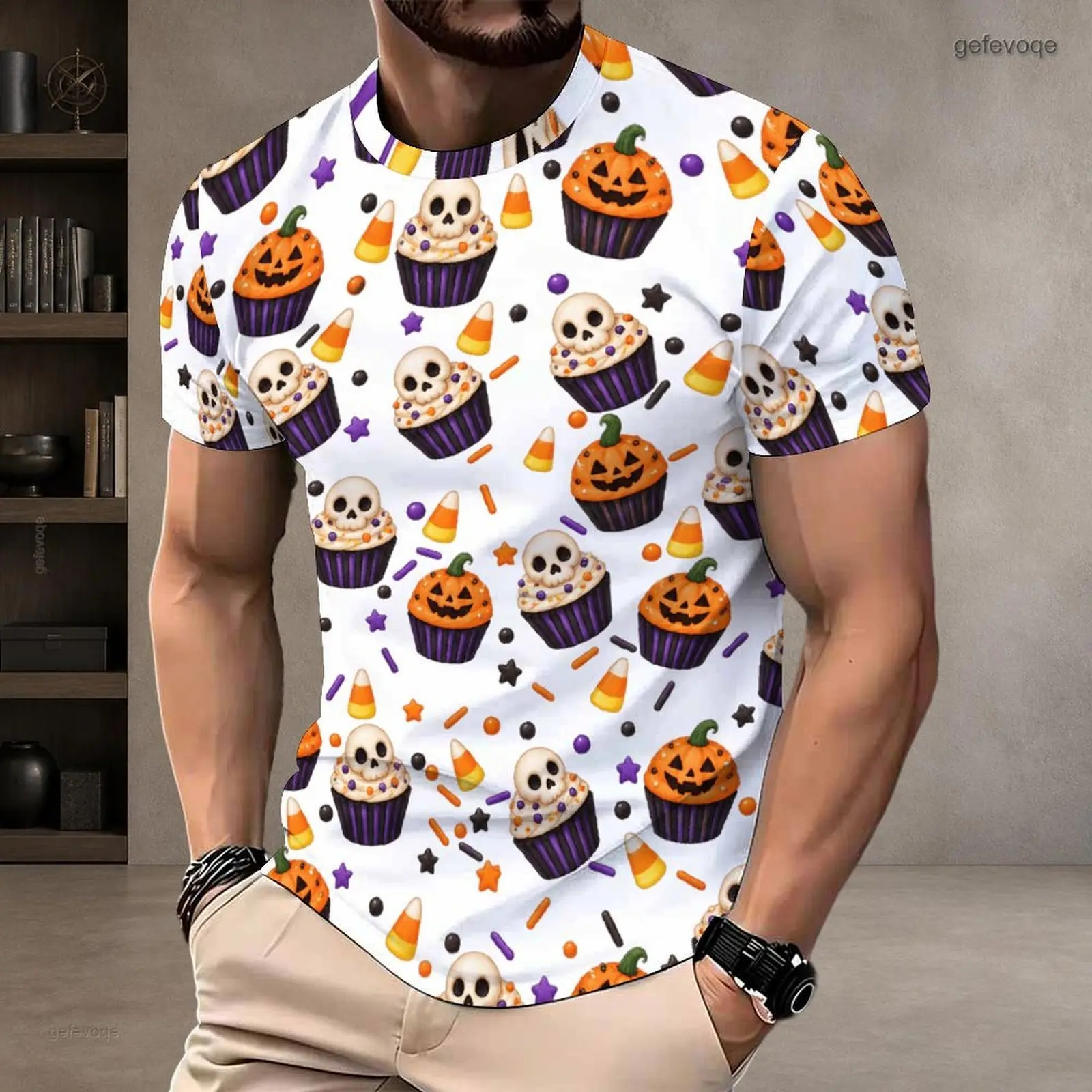 Men Round Neck Short Sleeve T-Shirt, White Base Printed with Halloween Cupcake, Skull, Candy Corn Pattern