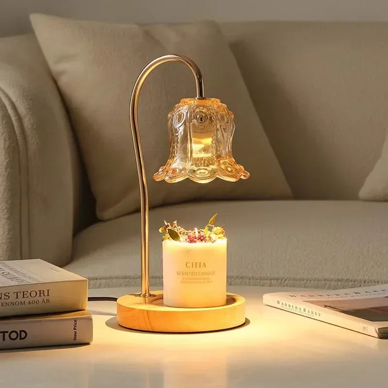 Candle Warmer Lamp with 2 Bulbs Soft Brightness Create Ambiance in Any Room Modern Glass Flower Candle Lamp Warmer Wood Base