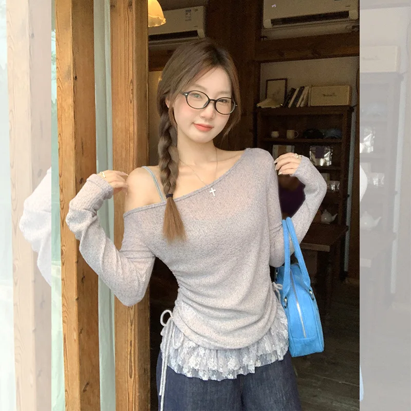 

Womens Clothing Set Spring Summer Sweet Camisole Irregular Off Shoulder Drawstring Lace Patchwork T-shirt Top Two-piece Set