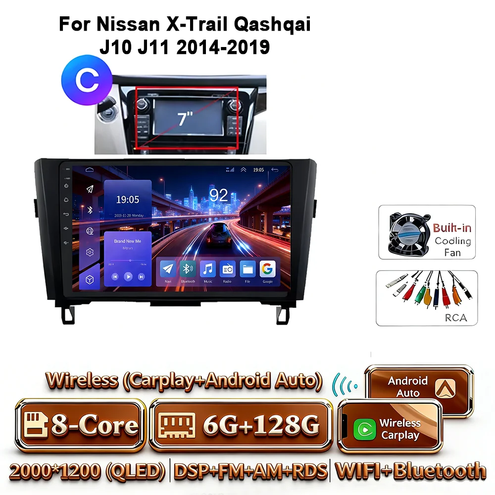 8-Core Android 17 2Din autoradio voor Nissan X-Trail Qashqai J10-J11 2014-2019 draadloze Carplay 4G GPS DSP BT dubbele lens