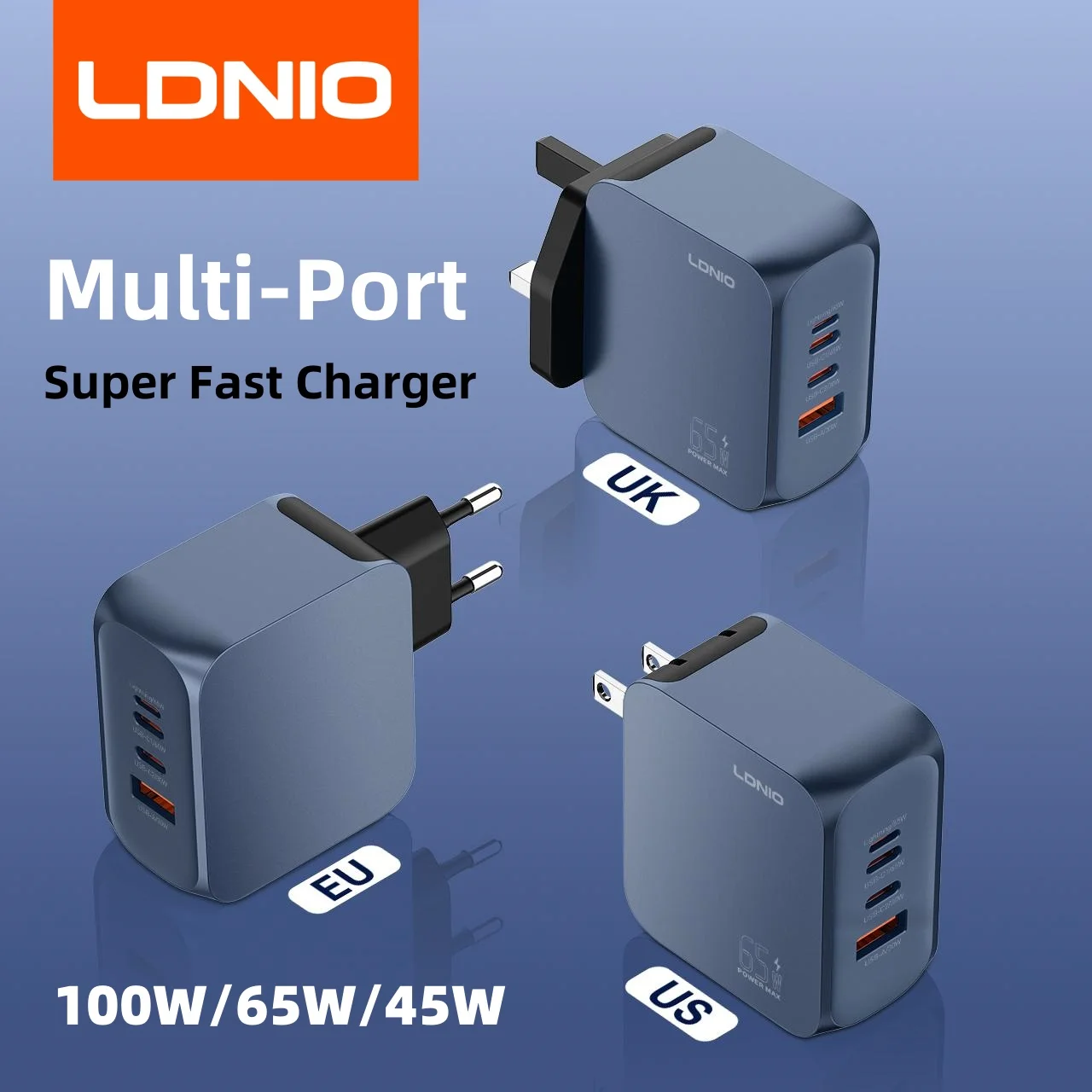LDNIO Gan 100W Fast Charger Type-C USB PD 65W 45W UK/EU/US Plug Multi-Port Phone Laptop Adapter for MacBook iPhone 16 Xiaomi 14