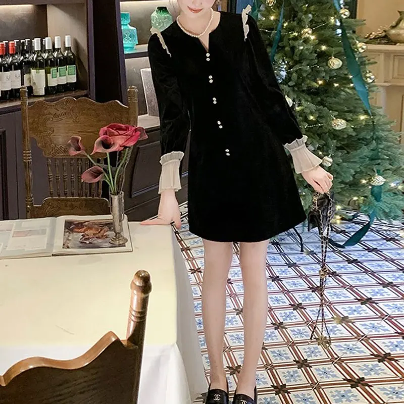 

French Style Velvet Mini Dress Female Clothing Fashion Edible Tree Fungus Spring Autumn Vintage A-Line Elegant V-Neck Dresses