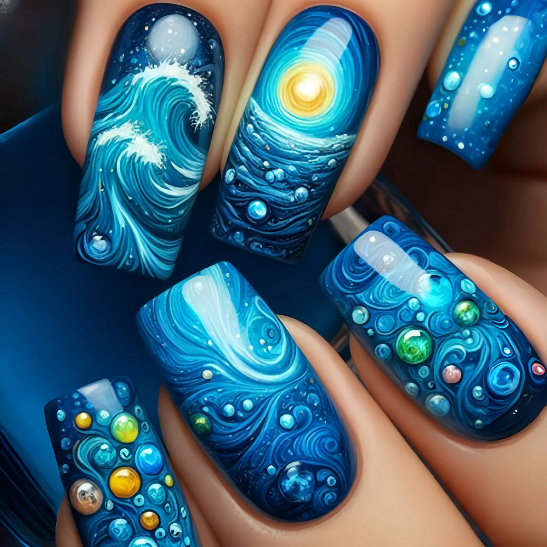 

24Pcs Long Blue Fake Nails with Jelly Glue Full Cover Ocean Sunrise Press on Nails Detachable Acrylic Fashion Finished Manicure