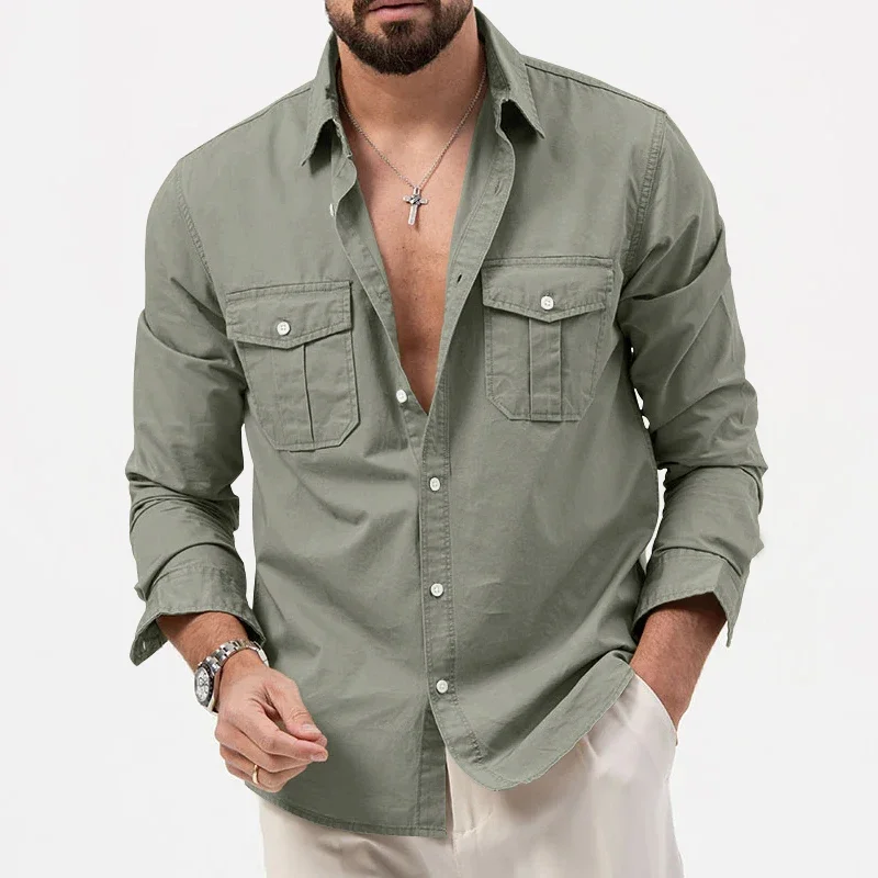 Spring and summer new European and American men's shirt multi-pocket casual long-sleeved shirt