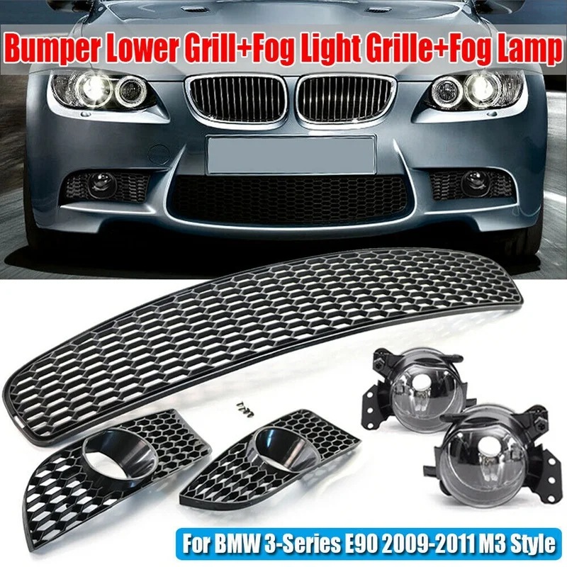 Front Lower Bumper Grille Fog Light Grill + Fog Lamp Kit For BMW 3-Series E90 E92 E93 2009-2011