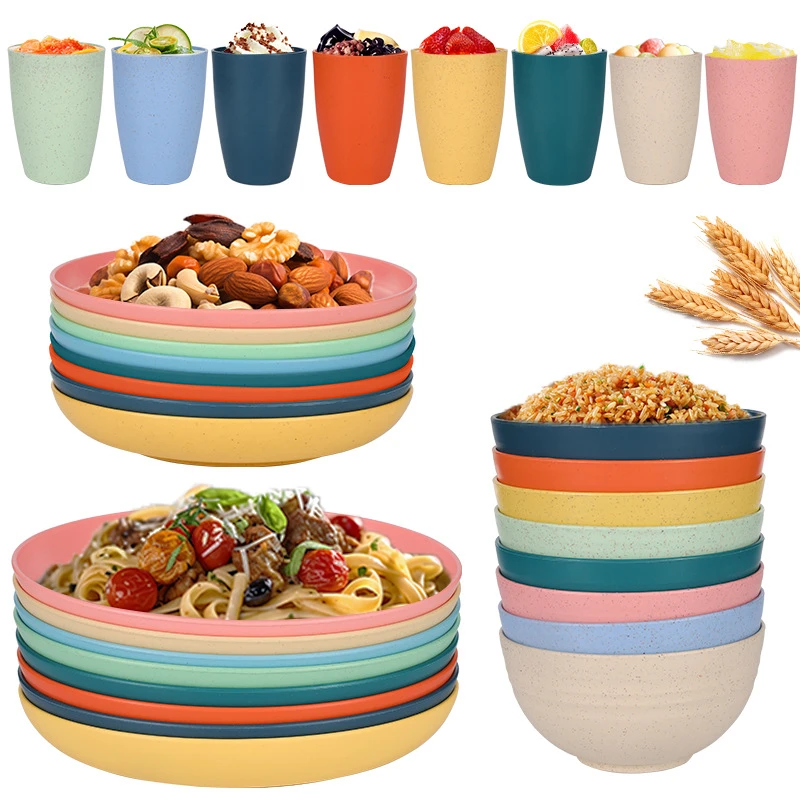 

8Pcs Wheat Straw Dinnerware Set Kitchen Eco-Friendly Ramen Bowls Cups Dinner Plates Set Home Party Cutlery Set Camping Tableware