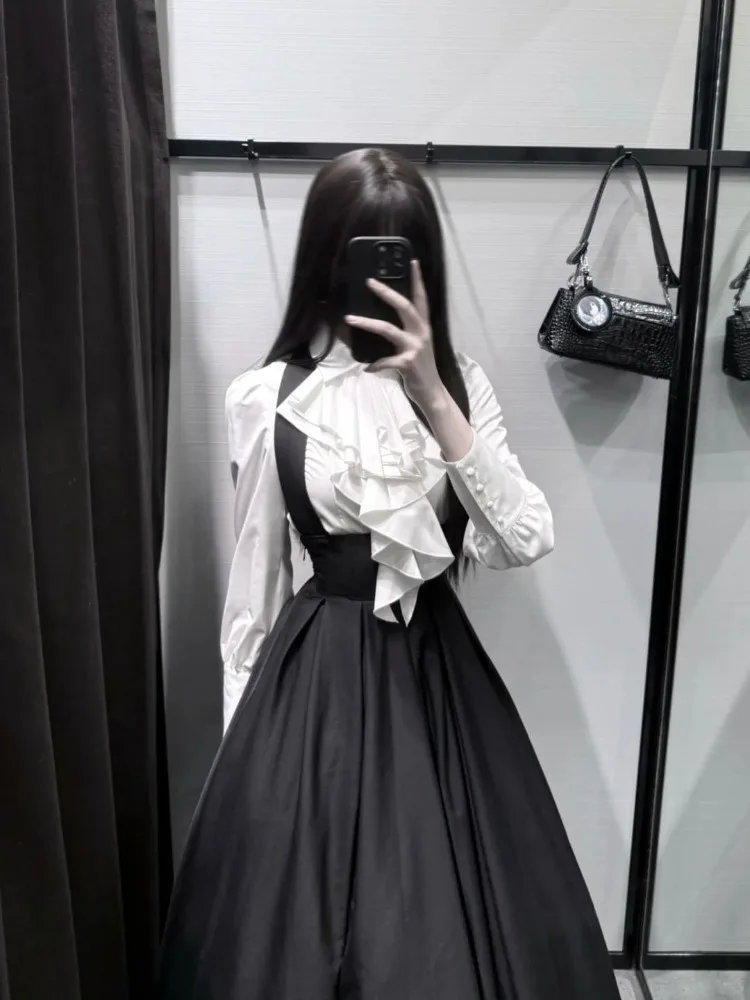 

Summer Ruffles Patchwork Long Sleeve White Shirt Women+ Y2k Slim Waist Mid-length Strap Skirt 2025 New Gothic Two Piece Sets