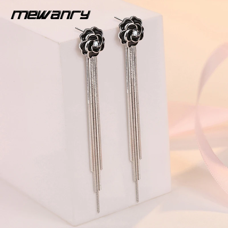 Mewanry Black Rose Flower Stud Earrings for Women Couples Trendy Elegant Tassel Geometric Handmade Bride Jewelry Prevent Allergy