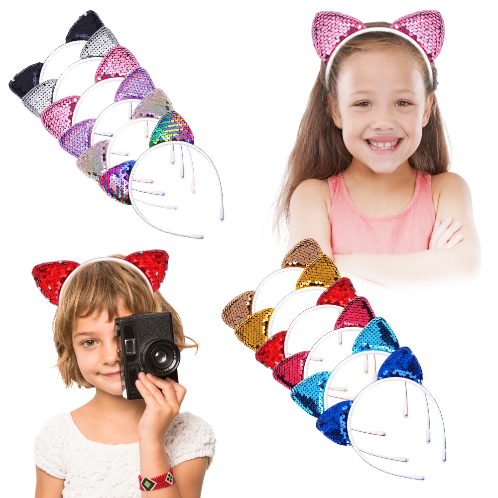 Cat Ear Headbands Reversible Shiny Sequin Hairband Kitty Headband Shine Sequins Hair Hoops for Women and Girls  Daily Party