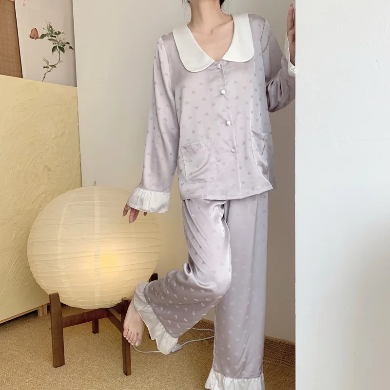 Sweet Print Love Doll Collar Sleepwear Femlae Pajamas Set Spring Autumn Loose Satin Long Sleeve Trouser Pijamas Suit Home Wear