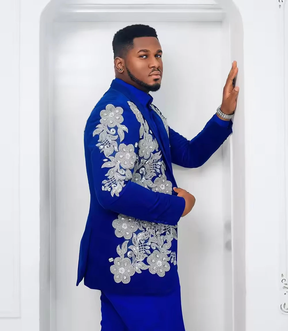 Trajes de boda de encaje con cuentas de color azul real para hombre, 2 piezas de talla grande, chaqueta con un botón y bolsillo, trajes formales personalizados para novio, disfraz para hombre