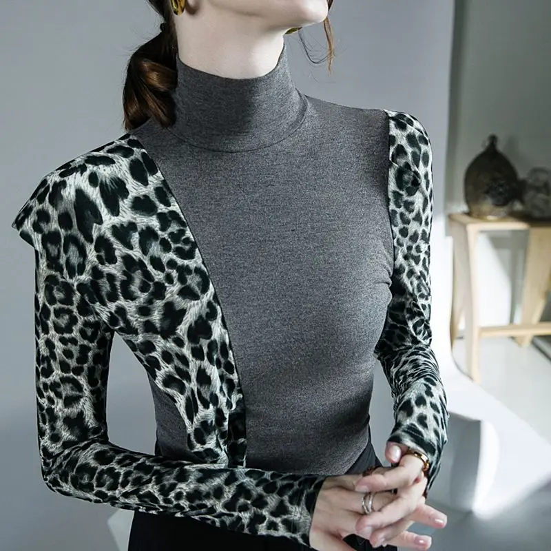 Leopard Printing Patchwork Y2K Bottoming Shirt Spring Autumn New Long Sleeve Slim Elegant Tops Vintage Fashion Women Clothing