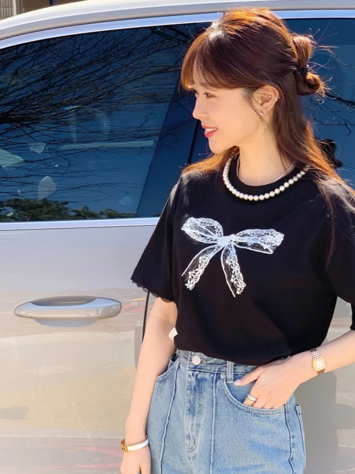 

Новая летняя женская футболка с узлом и принтом, кружевная ор Све, жемчужный круглый свободный топ, корейский Sle Commute Faion