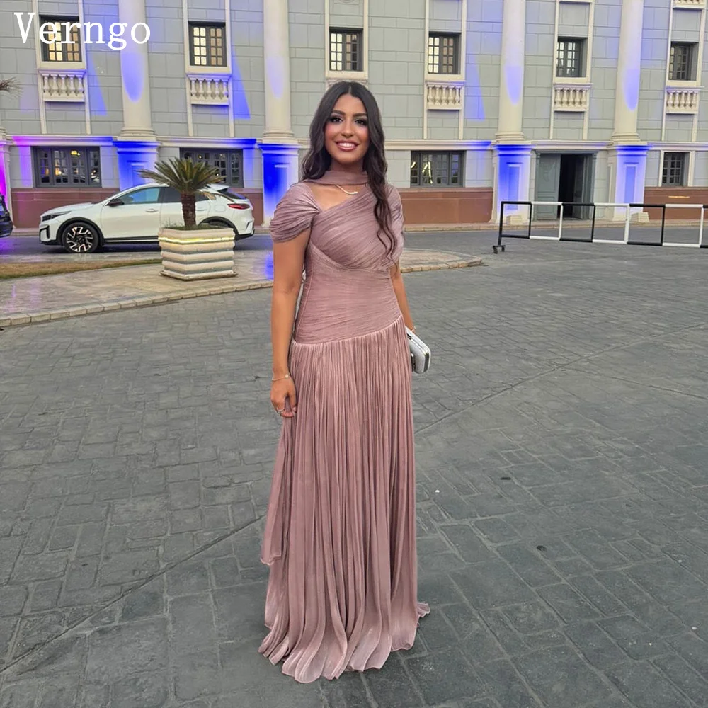 

Verngo Dark Pink Shiny Evening Dress V Neck Sleeveless Formal Occasion Elegant Pleat Arabic Prom Gowns Customized