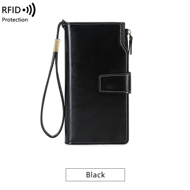 RFID Blocking Echt leder Frauen Brieftasche lange Dame Leder Geldbörse Marke Design Luxus Öl Wachs Leder weibliche Brieftasche Geldbörse