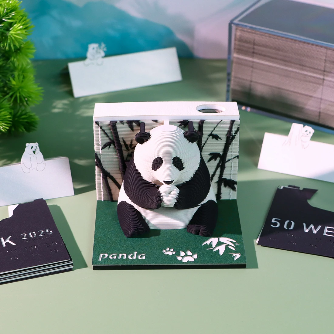 

3D Memo Pad Omoshiroi Block Cute Panda Magic Calendar Desk Decoration Tear Off Notepad Pen Holder Acrylic Box Gift For Birthday